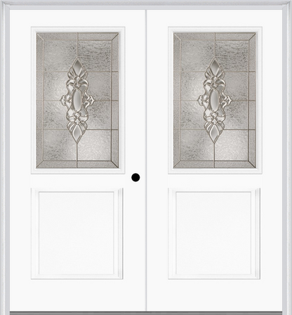 MMI TWIN/DOUBLE 1/2 LITE 1 PANEL 6'8" FIBERGLASS SMOOTH HEIRLOOMS BRASS OR HEIRLOOMS SATIN NICKEL DECORATIVE GLASS EXTERIOR PREHUNG DOOR 682