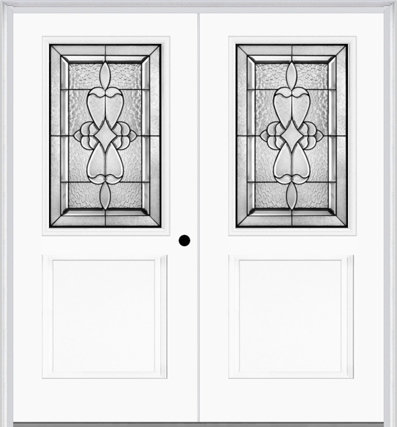 MMI TWIN/DOUBLE 1/2 LITE 1 PANEL 6'8" FIBERGLASS SMOOTH JAMESTOWN PATINA DECORATIVE GLASS EXTERIOR PREHUNG DOOR 682