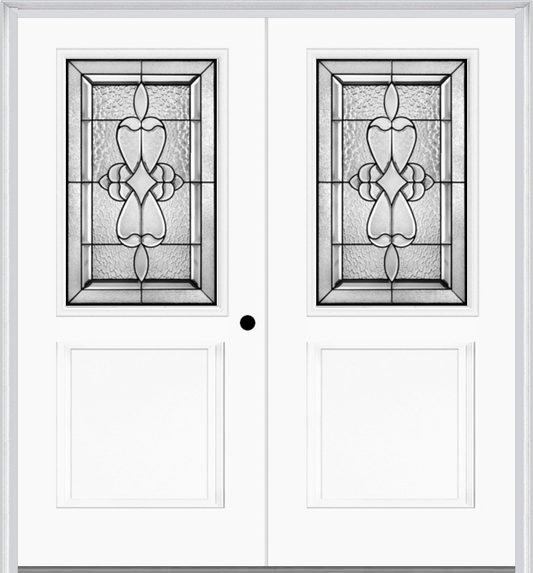 MMI TWIN/DOUBLE 1/2 LITE 1 PANEL 6'8" FIBERGLASS SMOOTH JAMESTOWN PATINA DECORATIVE GLASS EXTERIOR PREHUNG DOOR 682