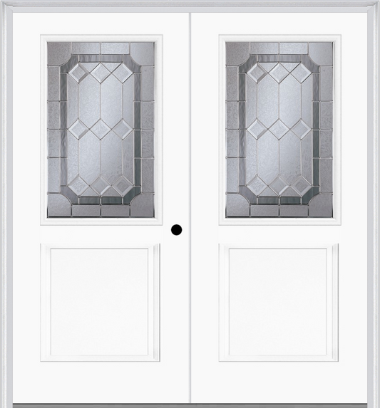 MMI TWIN/DOUBLE 1/2 LITE 1 PANEL 6'8" FIBERGLASS SMOOTH MAJESTIC NICKEL DECORATIVE GLASS EXTERIOR PREHUNG DOOR 682