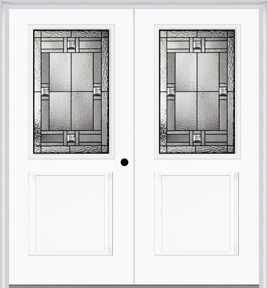 MMI TWIN/DOUBLE 1/2 LITE 1 PANEL 6'8" FIBERGLASS SMOOTH NOBLE PATINA DECORATIVE GLASS EXTERIOR PREHUNG DOOR 682