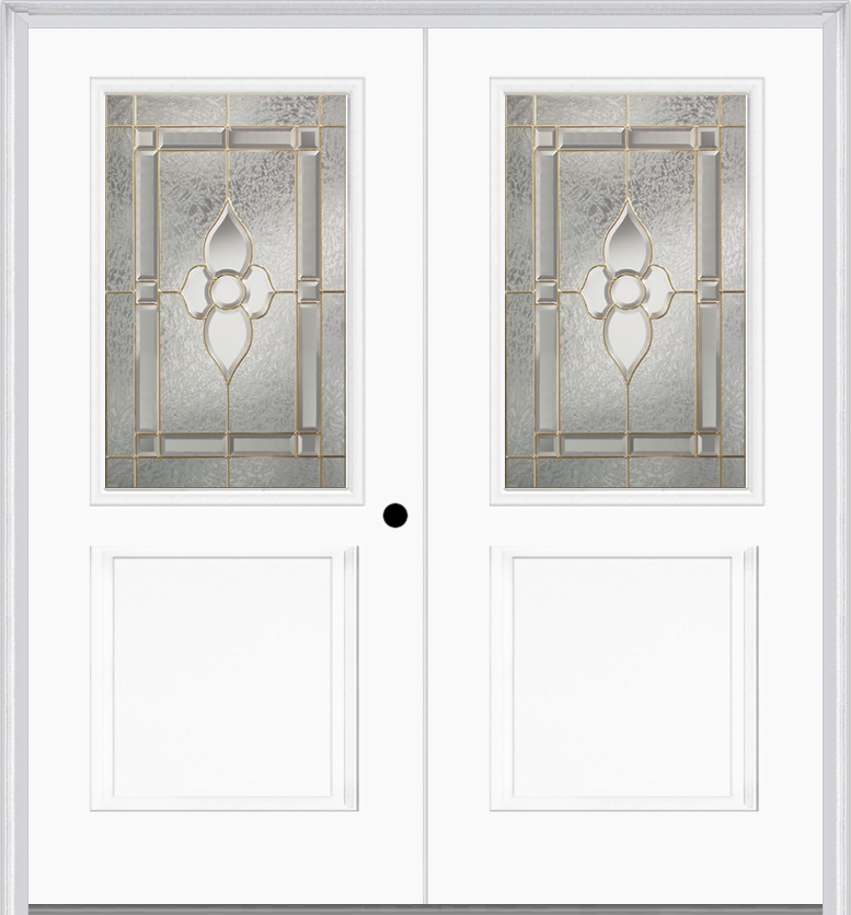 MMI TWIN/DOUBLE 1/2 LITE 1 PANEL 6'8" FIBERGLASS SMOOTH NOUVEAU NICKEL OR NOUVEAU PATINA DECORATIVE GLASS EXTERIOR PREHUNG DOOR 682