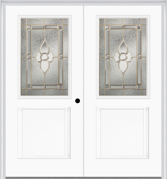 MMI TWIN/DOUBLE 1/2 LITE 1 PANEL 6'8" FIBERGLASS SMOOTH NOUVEAU NICKEL OR NOUVEAU PATINA DECORATIVE GLASS EXTERIOR PREHUNG DOOR 682