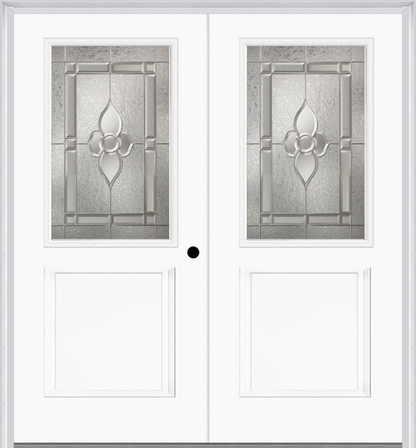 MMI TWIN/DOUBLE 1/2 LITE 1 PANEL 6'8" FIBERGLASS SMOOTH NOUVEAU NICKEL OR NOUVEAU PATINA DECORATIVE GLASS EXTERIOR PREHUNG DOOR 682