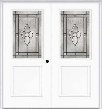 MMI TWIN/DOUBLE 1/2 LITE 1 PANEL 6'8" FIBERGLASS SMOOTH NOUVEAU NICKEL OR NOUVEAU PATINA DECORATIVE GLASS EXTERIOR PREHUNG DOOR 682