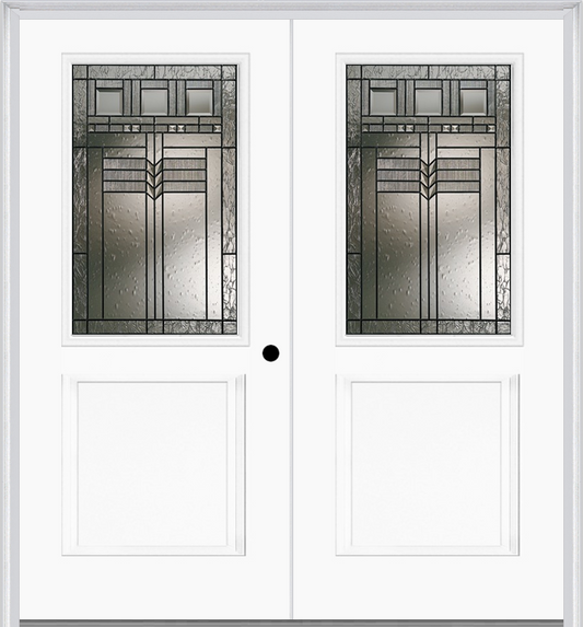 MMI TWIN/DOUBLE 1/2 LITE 1 PANEL 6'8" FIBERGLASS SMOOTH OAK PARK PATINA DECORATIVE GLASS EXTERIOR PREHUNG DOOR 682