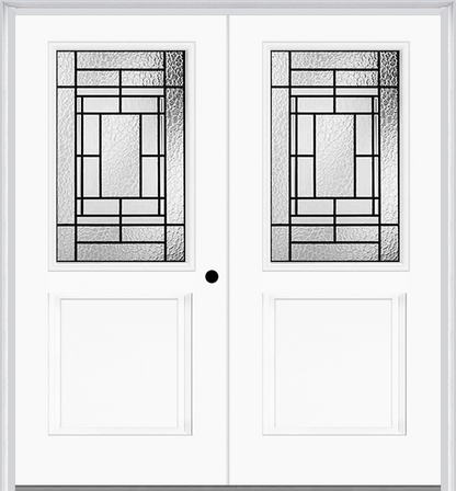 MMI TWIN/DOUBLE 1/2 LITE 1 PANEL 6'8" FIBERGLASS SMOOTH PEMBROOK PATINA DECORATIVE GLASS EXTERIOR PREHUNG DOOR 682