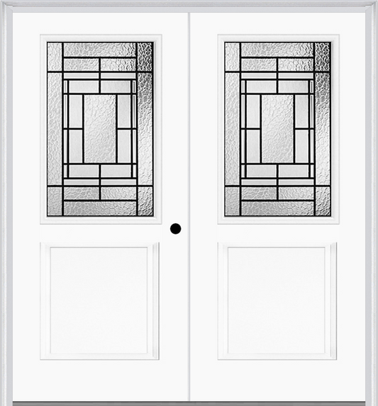 MMI TWIN/DOUBLE 1/2 LITE 1 PANEL 6'8" FIBERGLASS SMOOTH PEMBROOK PATINA DECORATIVE GLASS EXTERIOR PREHUNG DOOR 682