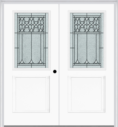 MMI TWIN/DOUBLE 1/2 LITE 1 PANEL 6'8" FIBERGLASS SMOOTH SELWYN PATINA DECORATIVE GLASS EXTERIOR PREHUNG DOOR 682