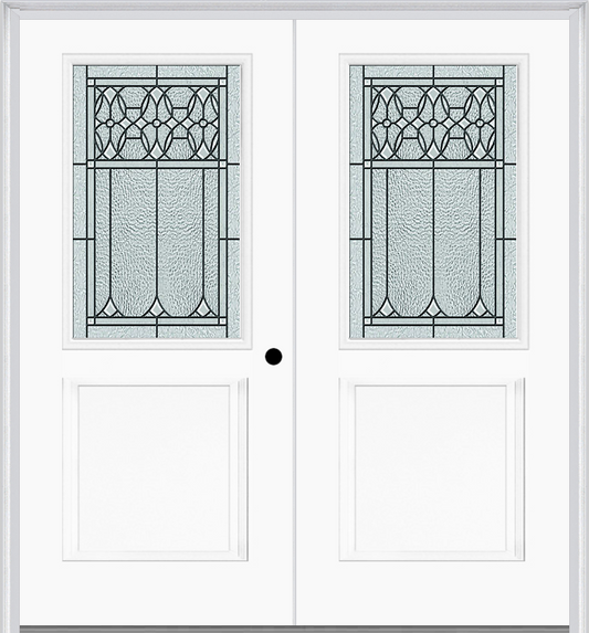 MMI TWIN/DOUBLE 1/2 LITE 1 PANEL 6'8" FIBERGLASS SMOOTH SELWYN PATINA DECORATIVE GLASS EXTERIOR PREHUNG DOOR 682