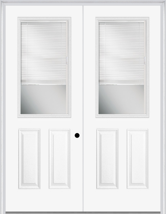 MMI TWIN/DOUBLE 1/2 LITE 2 PANEL RAISE/LOWER BLINDS 6'0" X 8'0" FIBERGLASS SMOOTH CLEAR GLASS EXTERIOR PREHUNG DOOR 906 RLB