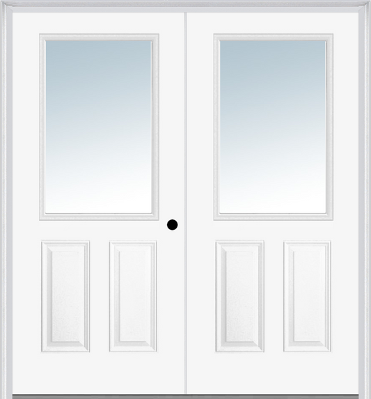 MMI TWIN/DOUBLE 1/2 LITE 2 PANEL 6'8" BUILDERS CLASSIC FIBERGLASS CLEAR GLASS EXTERIOR PREHUNG DOOR 122 LOW-E OPTION