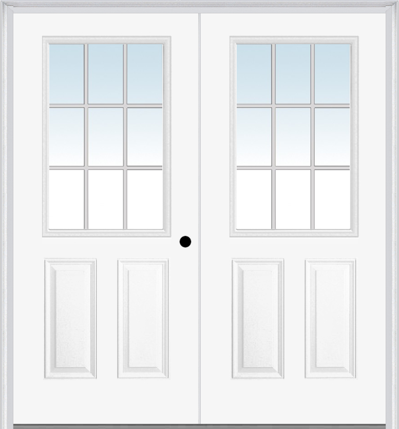 MMI TWIN/DOUBLE 1/2 LITE 2 PANEL 6'8" BUILDERS CLASSIC FIBERGLASS WHITE GRILLES BETWEEN GLASS EXTERIOR PREHUNG DOOR 684 GBG WHITE WITH LOW-E OPTION