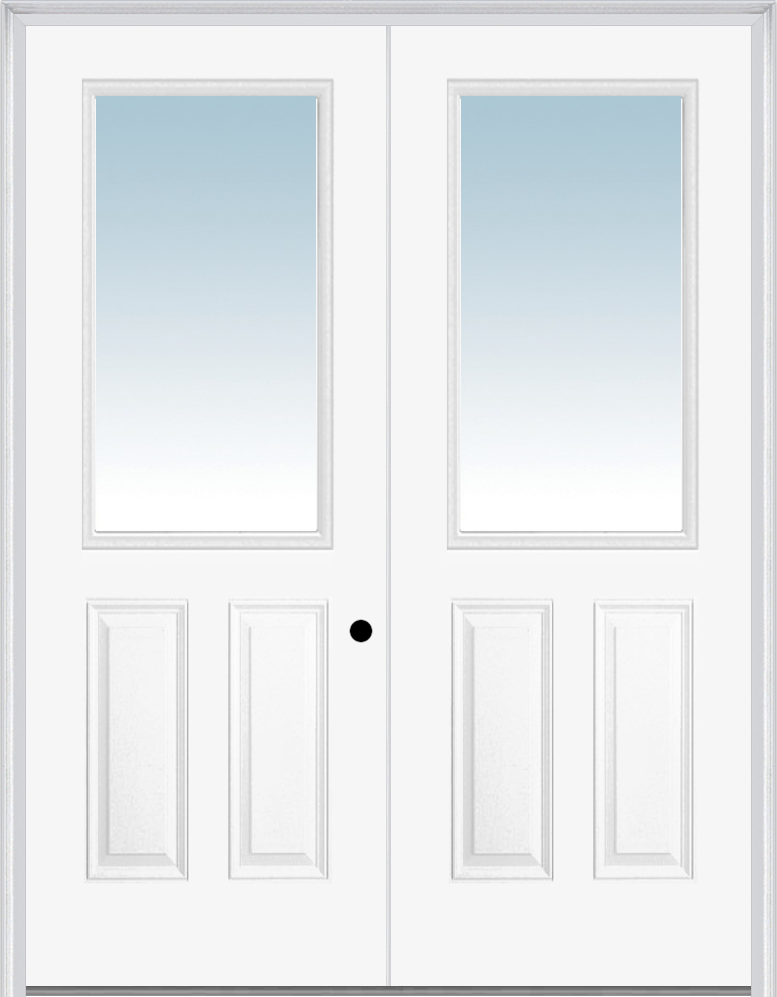 MMI TWIN/DOUBLE 1/2 LITE 2 PANEL 6'0" X 8'0" FIBERGLASS SMOOTH CLEAR GLASS EXTERIOR PREHUNG DOOR 906