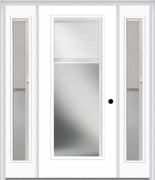 MMI FULL LITE RAISE/LOWER BLINDS 3'0" X 6'8" FIBERGLASS SMOOTH EXTERIOR PREHUNG DOOR WITH 2 FULL LITE GLASS RAISE/LOWER BLINDS SIDELIGHTS 686 RLB 690 RLB