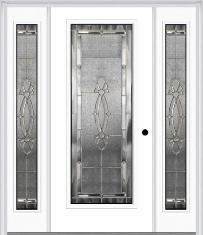 MMI Full Lite 6'8" Fiberglass Smooth Belaire Zinc Exterior Prehung Door With 2 Full Lite Belaire Zinc Decorative Glass Sidelights 686