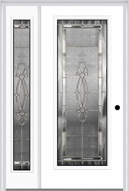 MMI Full Lite 6'8" Fiberglass Smooth Belaire Zinc Exterior Prehung Door With 1 Full Lite Belaire Zinc Decorative Glass Sidelight 686