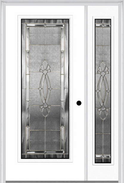 MMI Full Lite 6'8" Fiberglass Smooth Belaire Zinc Exterior Prehung Door With 1 Full Lite Belaire Zinc Decorative Glass Sidelight 686