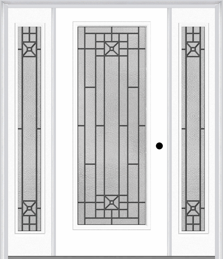 MMI Full Lite 6'8" Fiberglass Smooth Courtyard Nickel Vein Wrought Iron Exterior Prehung Door With 2 Full Lite Courtyard Nickel Vein Wrought Iron Decorative Glass Sidelights 686