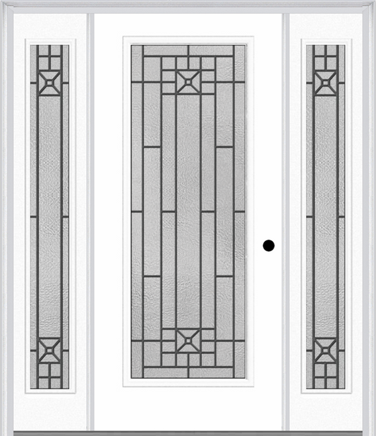 MMI Full Lite 6'8" Fiberglass Smooth Courtyard Nickel Vein Wrought Iron Exterior Prehung Door With 2 Full Lite Courtyard Nickel Vein Wrought Iron Decorative Glass Sidelights 686