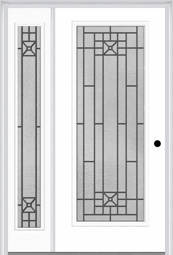 MMI Full Lite 6'8" Fiberglass Smooth Courtyard Nickel Vein Wrought Iron Exterior Prehung Door With 1 Full Lite Courtyard Nickel Vein Wrought Iron Decorative Glass Sidelight 686