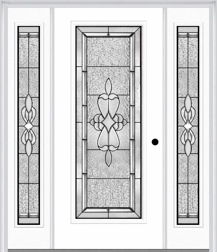 MMI Full Lite 6'8" Fiberglass Smooth Jamestown Patina Exterior Prehung Door With 2 Full Lite Jamestown Patina Decorative Glass Sidelights 686