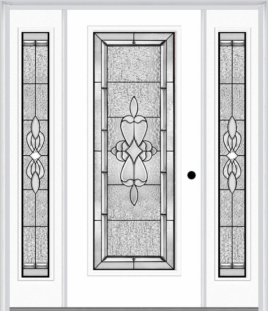 MMI Full Lite 6'8" Fiberglass Smooth Jamestown Patina Exterior Prehung Door With 2 Full Lite Jamestown Patina Decorative Glass Sidelights 686