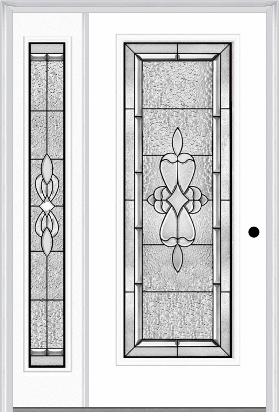 MMI Full Lite 6'8" Fiberglass Smooth Jamestown Patina Exterior Prehung Door With 1 Full Lite Jamestown Patina Decorative Glass Sidelight 686