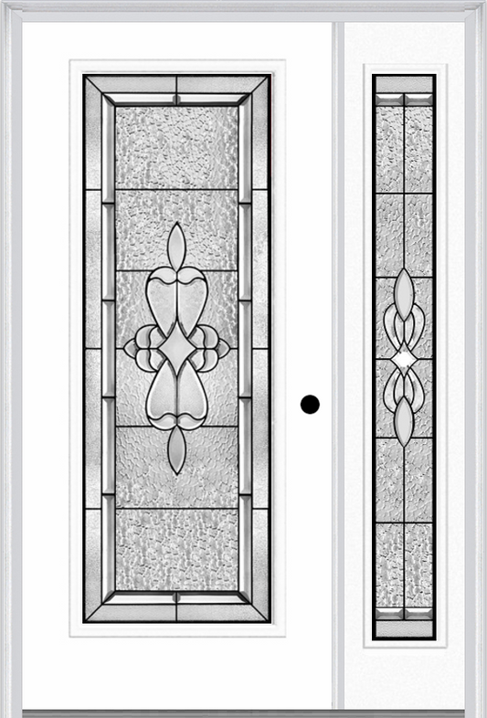 MMI Full Lite 6'8" Fiberglass Smooth Jamestown Patina Exterior Prehung Door With 1 Full Lite Jamestown Patina Decorative Glass Sidelight 686