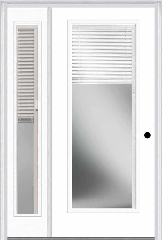 MMI FULL LITE RAISE/LOWER BLINDS 3'0" X 6'8" FIBERGLASS SMOOTH EXTERIOR PREHUNG DOOR WITH 1 FULL LITE GLASS RAISE/LOWER BLINDS SIDELIGHT 686 RLB 690 RLB