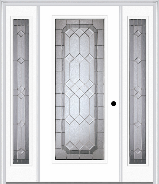 MMI Full Lite 6'8" Fiberglass Smooth Majestic Nickel Exterior Prehung Door With 2 Full Lite Majestic Nickel Decorative Glass Sidelights 686