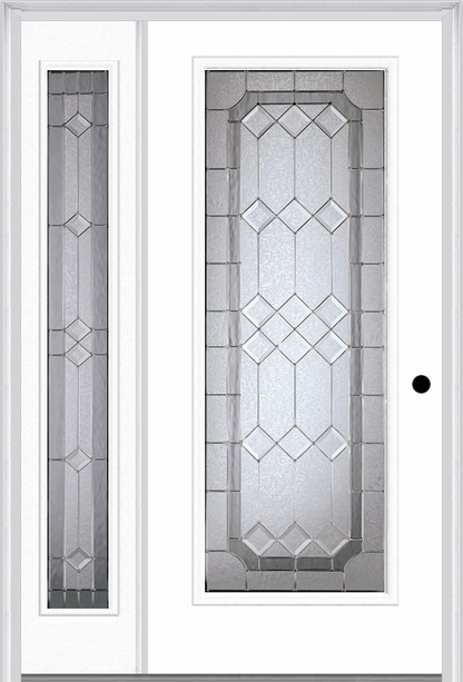 MMI Full Lite 6'8" Fiberglass Smooth Majestic Nickel Exterior Prehung Door With 1 Full Lite Majestic Nickel Decorative Glass Sidelight 686