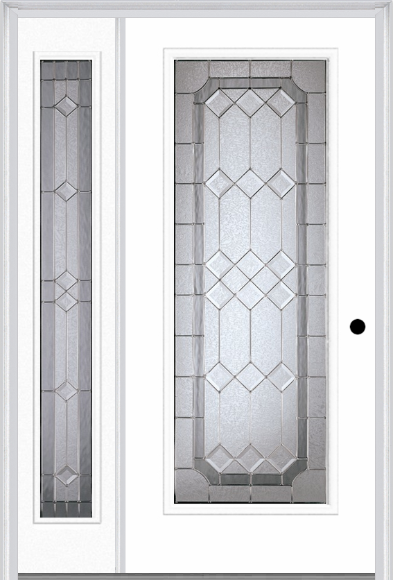 MMI Full Lite 6'8" Fiberglass Smooth Majestic Nickel Exterior Prehung Door With 1 Full Lite Majestic Nickel Decorative Glass Sidelight 686