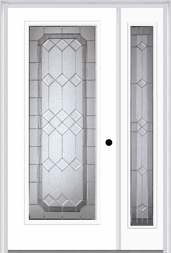 MMI Full Lite 6'8" Fiberglass Smooth Majestic Nickel Exterior Prehung Door With 1 Full Lite Majestic Nickel Decorative Glass Sidelight 686