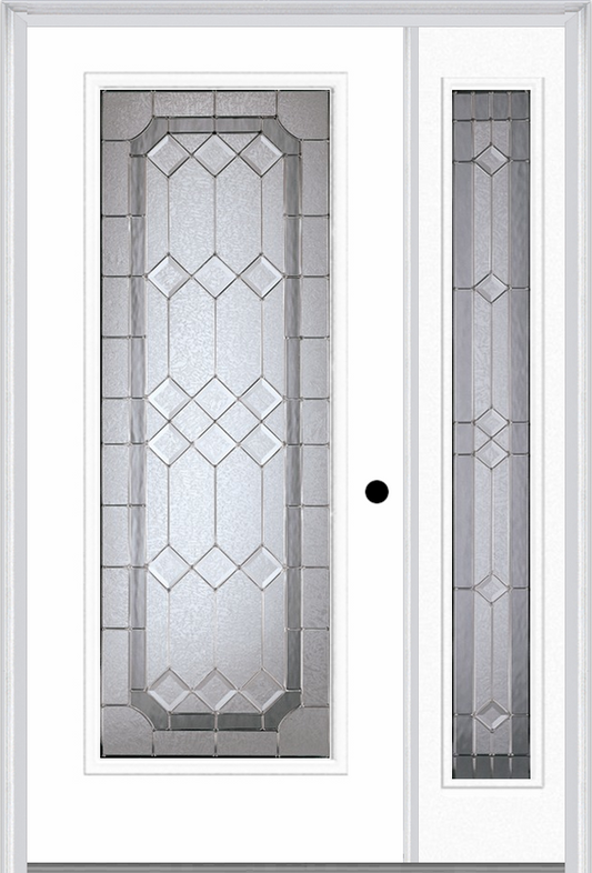 MMI Full Lite 6'8" Fiberglass Smooth Majestic Nickel Exterior Prehung Door With 1 Full Lite Majestic Nickel Decorative Glass Sidelight 686