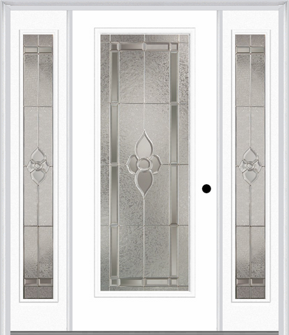 MMI Full Lite 6'8" Fiberglass Smooth Nouveau Nickel Or Nouveau Patina Exterior Prehung Door With 2 Full Lite Nouveau Brass, Nickel, Or Patina Decorative Glass Sidelights 686