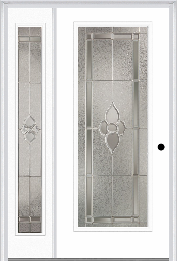 MMI Full Lite 3'0" X 6'8" Fiberglass Smooth Nouveau Nickel Or Nouveau Patina Exterior Prehung Door With 1 Full Lite Nouveau Brass, Nickel, Or Patina Decorative Glass Sidelight 686