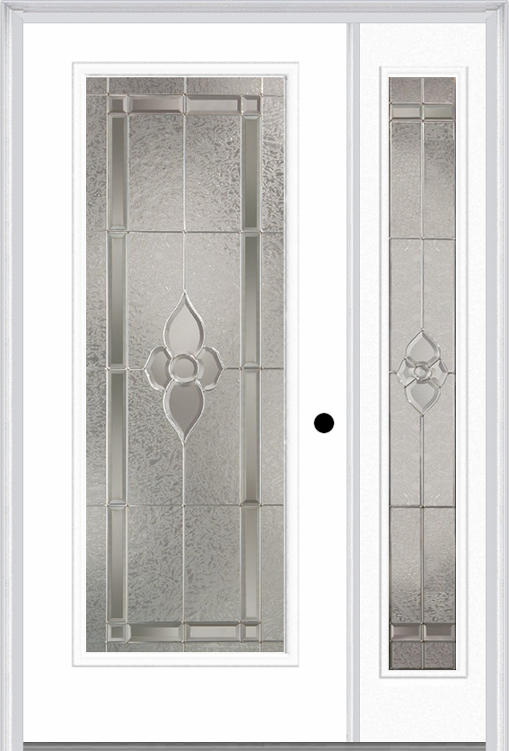 MMI Full Lite 3'0" X 6'8" Fiberglass Smooth Nouveau Nickel Or Nouveau Patina Exterior Prehung Door With 1 Full Lite Nouveau Brass, Nickel, Or Patina Decorative Glass Sidelight 686