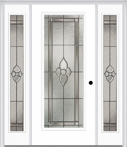 MMI Full Lite 6'8" Fiberglass Smooth Nouveau Nickel Or Nouveau Patina Exterior Prehung Door With 2 Full Lite Nouveau Brass, Nickel, Or Patina Decorative Glass Sidelights 686