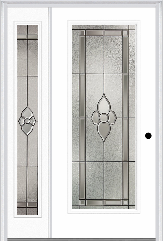 MMI Full Lite 3'0" X 6'8" Fiberglass Smooth Nouveau Nickel Or Nouveau Patina Exterior Prehung Door With 1 Full Lite Nouveau Brass, Nickel, Or Patina Decorative Glass Sidelight 686
