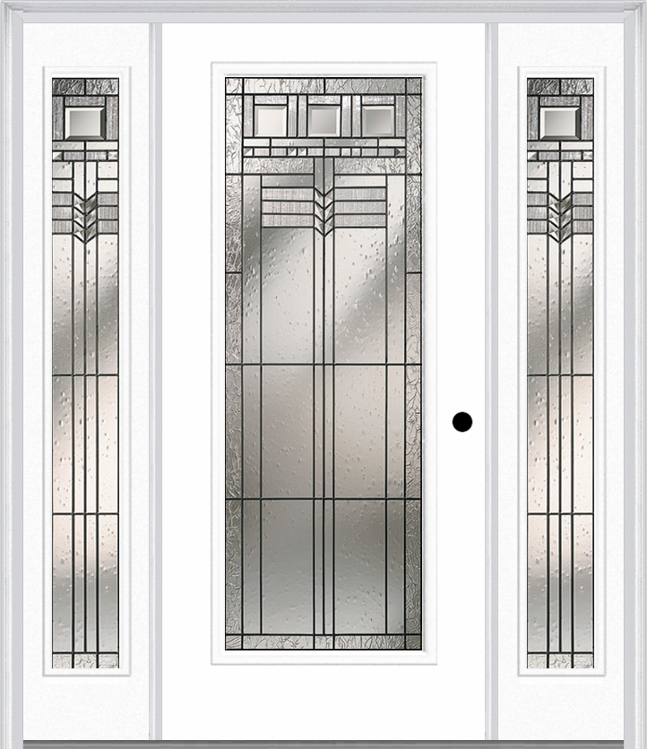 MMI Full Lite 6'8" Fiberglass Smooth Oak Park Patina Exterior Prehung Door With 2 Full Lite Oak Park Patina Decorative Glass Sidelights 686