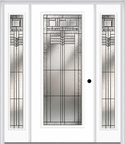 MMI Full Lite 6'8" Fiberglass Smooth Oak Park Patina Exterior Prehung Door With 2 Full Lite Oak Park Patina Decorative Glass Sidelights 686