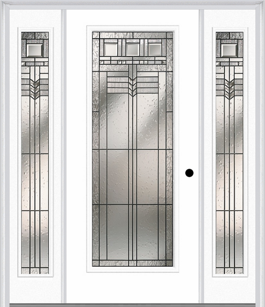 MMI Full Lite 6'8" Fiberglass Smooth Oak Park Patina Exterior Prehung Door With 2 Full Lite Oak Park Patina Decorative Glass Sidelights 686