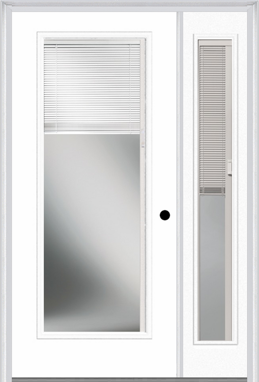 MMI FULL LITE RAISE/LOWER BLINDS 3'0" X 6'8" FIBERGLASS SMOOTH EXTERIOR PREHUNG DOOR WITH 1 FULL LITE GLASS RAISE/LOWER BLINDS SIDELIGHT 686 RLB 690 RLB