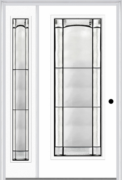 MMI Full Lite 6'8" Fiberglass Smooth Soleil Patina Exterior Prehung Door With 1 Full Lite Soleil Patina Decorative Glass Sidelight 686