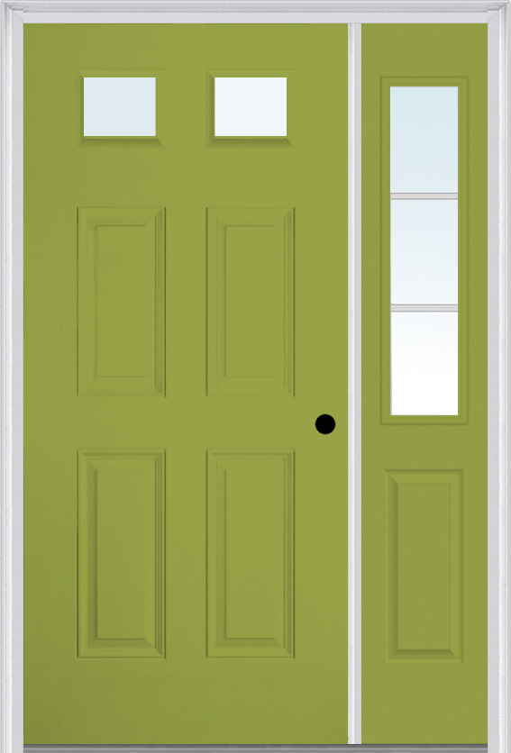 MMI 2-1/4 Lite 4 Panel 3'0" X 6'8" Fiberglass Smooth Exterior Prehung Door With 1 Half Lite SDL Grilles Glass Sidelight 23