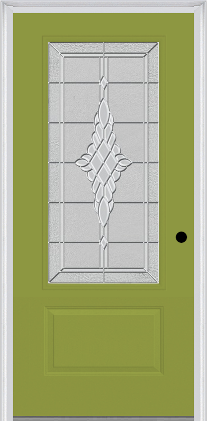 MMI 3/4 Lite 1 Panel 3'0" X 6'8" Fiberglass Smooth Grace Nickel Or Grace Patina Decorative Glass Exterior Prehung Door 608