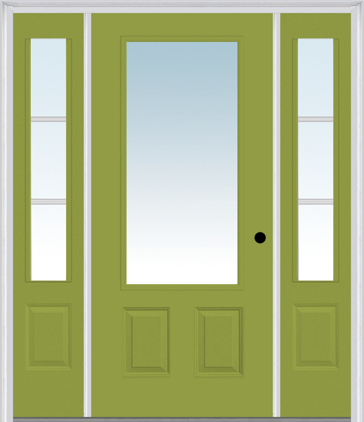 MMI 3/4 Lite 2 Panel 3'0" X 6'8" Fiberglass Smooth Exterior Prehung Door With 2 SDL Grilles 3/4 Lite Low-E Glass Sidelights 147