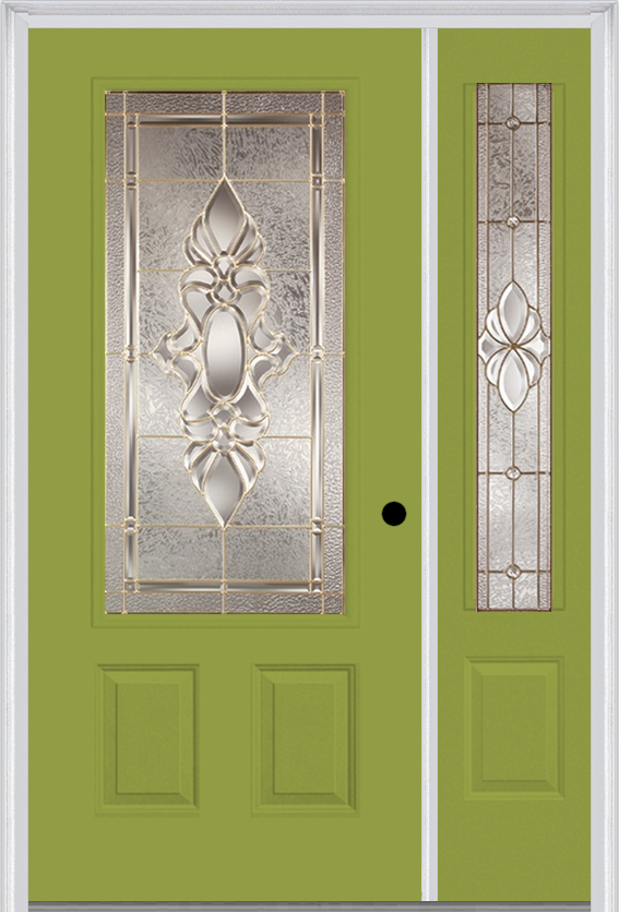 MMI 3/4 Lite 2 Panel 6'8" Fiberglass Smooth Heirlooms Brass Or Heirlooms Satin Nickel Exterior Prehung Door With 1 Heirlooms Brass/Satin Nickel 3/4 Lite Decorative Glass Sidelight 607