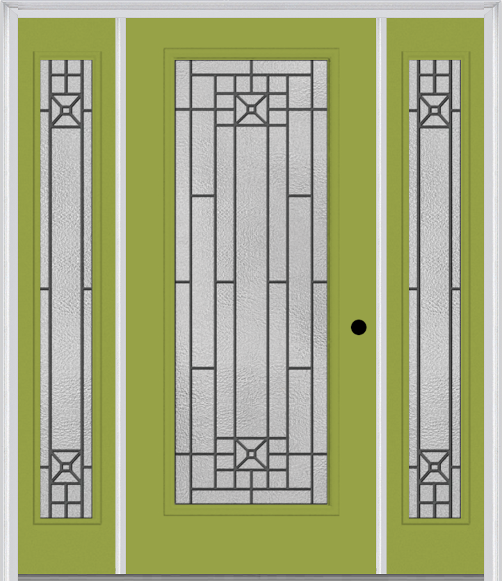 MMI Full Lite 6'8" Fiberglass Smooth Courtyard Nickel Vein Wrought Iron Exterior Prehung Door With 2 Full Lite Courtyard Nickel Vein Wrought Iron Decorative Glass Sidelights 686
